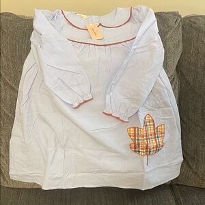 Light Blue Girls' Long-Sleeve Casual Dress with Plaid Leaf Applique